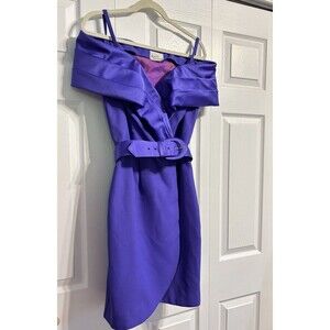 VTG Positively Ellyn Satin Off-Shoulder Cocktail Mini Dress Women 6 Purple Belt